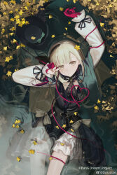 1girl bang_dream! bang_dream!_it&#039;s_mygo!!!!! black_dress black_hat blonde_hair dolosse dress floating_flowers frilled_dress frills from_above gloves hat highres looking_at_viewer mortis_(bang_dream!) partially_submerged red_gloves solo unworn_headwear wakaba_mutsumi water watermark weibo_watermark wet wet_clothes yellow_eyes