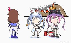 3girls :3 animal_ear_fluff animal_ears ankimo_(tokino_sora) artist_name baseball_cap bibi_(tokoyami_towa) black_footwear black_gloves black_headwear black_leotard black_pantyhose black_shorts blue_footwear blue_hair braid brown_hair carrot carrot_hair_ornament coat commentary creature demon_girl demon_tail don-chan_(usada_pekora) english_commentary explosive fake_horns fire food-themed_hair_ornament from_behind fur-trimmed_coat fur-trimmed_gloves fur_trim gloves green_eyes hair_between_eyes hair_ornament hairclip hands_on_own_hips hat hololive horned_headwear horns jacket lenny_face leotard long_hair minecraft mountain multicolored_hair multiple_girls off_shoulder outline pantyhose pink_hair pointing pointing_at_another purple_hair rabbit_ears rabbit_girl rabbit_tail seventeencrows shoes short_shorts shorts signature simple_background strapless strapless_leotard sweat tail thighhighs tnt tnt_block_(minecraft) tokino_sora tokino_sora_(1st_costume) tokoyami_towa trembling twin_braids twintails two-tone_hair usada_pekora usada_pekora_(1st_costume) very_long_hair virtual_youtuber white_background white_coat white_footwear white_hair white_jacket white_outline wide-eyed