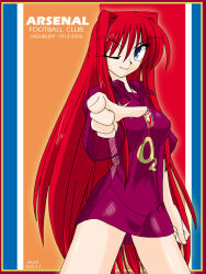 2005 aozaki_aoko archived_source arsenal_football_club baggy_clothes bare_legs covered_erect_nipples dated jersey kieyza long_hair looking_at_viewer mahou_tsukai_no_yoru no_pants pointing pointing_at_viewer red_hair soccer soccer_uniform solo sportswear