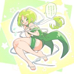 1girl barefoot choker detached_sleeves embarrassed frilled_thigh_strap green_choker green_eyes green_hair green_leotard hair_tubes hs1122 leotard long_hair magical_girl mew_lettuce midorikawa_lettuce puffy_detached_sleeves puffy_sleeves short_hair showgirl_skirt solo speech_bubble thigh_strap tokyo_mew_mew