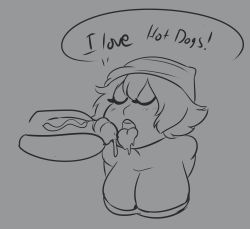 Rule 34 | 1girl, blush, breasts, cum, cum in mouth, erozer, closed eyes, food, highres, hot dog, monochrome, penis, penis hot dog, uncensored
