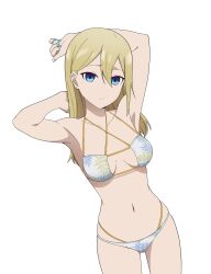 1girl absurdres arms_up blonde_hair blue_eyes blue_nails breasts coro_fae hayasaka_ai highres kaguya-sama_wa_kokurasetai_~tensai-tachi_no_renai_zunousen~ leaf_print long_hair navel simple_background small_breasts solo white_background
