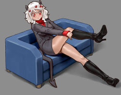 1girl black_horns blue_couch blush boots couch demon demon_girl demon_horns demon_tail grey_background heart heart-shaped_pupils helltaker high_heel_boots high_heels highres horns modeus_(helltaker) on_couch pandawei red_eyes red_sweater simple_background sitting sweater symbol-shaped_pupils tail white_hair