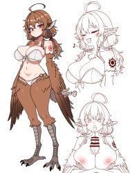 Rule 34 | absurdres, ahoge, animal ears, bird ears, bird legs, bird tail, breasts, brown feathers, brown hair, brown wings, censored, closed eyes, feathered wings, feathers, harpy, highres, large breasts, monster girl, musical note, negationtenmaru, nipples, open mouth, original, paizuri, penis, red eyes, smile, tail, talons, winged arms, wings