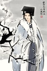 Rule 34 | 111218422, 1boy, absurdres, black eyes, black hair, black hat, blue cape, branch, calligraphy, cape, chinese clothes, chinese commentary, chinese text, closed mouth, cowboy shot, dao gui yi xian, faux traditional media, flower, fur-trimmed cape, fur trim, hanfu, hat, highres, ink wash painting, jin (headwear), long sleeves, looking down, male focus, robe, seal impression, sleeves past fingers, sleeves past wrists, smile, snow, snowing, solo, standing, tree, updo, white flower, white hanfu, wide sleeves, winter clothes, zhongguo hua, zhouzi jin (headwear), zhuge yuan