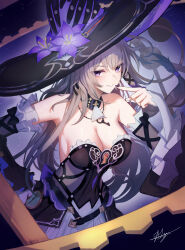 1girl absurdres alternate_breast_size ascot bare_shoulders black_collar black_dress breasts brown_hair chaciooh cleavage collar collarbone commentary cowboy_shot detached_sleeves dress finger_to_mouth flower hair_ribbon hand_on_own_hip hand_up hat hat_flower herta_(honkai:_star_rail) highres honkai:_star_rail honkai_(series) index_finger_raised jewelry key key_necklace large_breasts large_hat long_hair nail_polish necklace parted_lips purple_eyes purple_flower purple_nails purple_ribbon ribbon signature smile solo strapless strapless_dress the_herta_(honkai:_star_rail) very_long_hair white_ascot witch_hat