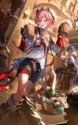 4boys absurdres bar_(place) bar_stool beer_mug beret black_gloves black_hair black_shorts blue_eyes blue_hair blush braid cup dahlia_(genshin_impact) dark-skinned_male dark_skin diluc_(genshin_impact) eyepatch fainted fingerless_gloves fur_collar fur_trim genshin_impact gloves gradient_hair hat highres indoors kaeya_(genshin_impact) long_hair mug multicolored_hair multiple_boys nero_hanken open_mouth pantyhose pink_hair pointy_ears purple_eyes red_eyes red_hair shirt short_hair shorts sitting stool sweat thighs twin_braids venti_(genshin_impact) white_pantyhose white_shirt