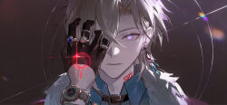 1boy artist_name aventurine_(honkai:_star_rail) black_background black_collar black_gloves black_jacket blonde_hair blue_eyes blue_gemstone blue_shirt bracelet closed_mouth collar collared_shirt crossed_bangs earrings fur-trimmed_jacket fur_trim gem gloves gold_bracelet gold_ring hair_between_eyes highres honkai:_star_rail honkai_(series) jacket jewelry lirisy looking_at_viewer male_focus multicolored_eyes multiple_rings neck_tattoo purple_eyes red_gemstone ring shirt short_hair simple_background single_earring solo tattoo upper_body watch wristwatch