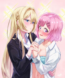 Rule 34 | 2girls, absurdres, amaori renako, black jacket, blonde hair, blue bra, blush, bra, braid, breasts, cleavage, collared shirt, commentary, english commentary, hair intakes, hand on another&#039;s waist, highres, holding hands, interlocked fingers, jacket, large breasts, long hair, long sleeves, looking at another, medium hair, multiple girls, mutsuki (mutsuki0110), open clothes, open mouth, open shirt, ouzuka mai, parted lips, pink background, pink hair, purple eyes, shirt, side braid, sparkle, underwear, upper body, watashi ga koibito ni nareru wake naijan murimuri!, white shirt, yuri