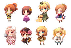 Rule 34 | 6+girls, america (hetalia), axis powers hetalia, blonde hair, blush, chibi, china (hetalia), coat, dog, doll, flower, france (hetalia), garrison cap, gender request, genderswap, germany (hetalia), glasses, green eyes, hair flower, hair ornament, hat, headphones, japan (hetalia), japanese clothes, looking at viewer, midriff, miniskirt, multiple girls, northern italy (hetalia), nyotalia, one eye closed, pleated skirt, russia (hetalia), shovel, simple background, skirt, smile, twintails, united kingdom (hetalia), white background, wink
