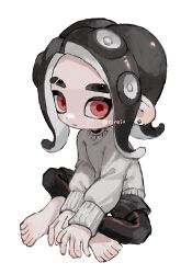1boy barefoot black_choker black_hair black_pants choker closed_mouth commentary_request ear_piercing eyebrow_cut full_body grey_sweater highres indian_style looking_at_viewer male_focus medium_hair muted_color myon_rio nintendo octoling octoling_boy octoling_player_character pants piercing red_eyes sideways_glance simple_background sitting solo splatoon_(series) spot_color sweater tentacle_hair white_background