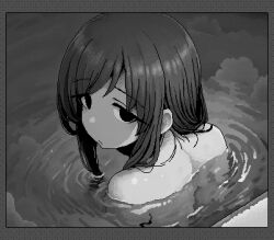 1girl hamsterfragment looking_at_viewer looking_back lowres monochrome nude original sad solo suicidal_girl_(hamsterfragment) water