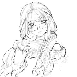 1girl bare_shoulders bespectacled blunt_bangs bow bow_choker bowtie bra_strap cherry.jin choker cropped_torso eyelashes finger_to_eyewear frilled_shirt frilled_sleeves frills glasses greyscale hair_bow hair_half_over_shoulder hair_intakes hair_ribbon highres infinity_nikki long_hair long_sleeves looking_at_viewer low_twintails monochrome nikki_(nikki) nikki_(series) off-shoulder_shirt off_shoulder open_mouth perfect_start_(infinity_nikki) puffy_long_sleeves puffy_sleeves ribbon sample_watermark shirt simple_background single_stripe sleeves_past_wrists smile solo striped_bow striped_bowtie striped_choker striped_clothes teardrop-framed_glasses tress_ribbon twintails very_long_hair watermark wavy_hair white_background