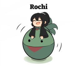 1other ^_^ adagumo_no_yaorochi androgynous ball black_hair black_sleeves blush_stickers character_name chibi closed_eyes commentary ferdy&#039;s_lab green_scarf hair_ornament hair_scrunchie happy high_side_ponytail jinbaori len&#039;en long_sleeves medium_hair motion_lines multiple_tails open_mouth other_focus oversized_object ponytail red_scarf scarf scrunchie shadow short_ponytail simple_background smile snake_tail solo tail white_background white_scrunchie wide_sleeves