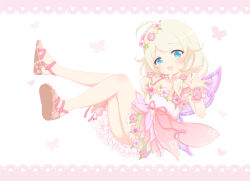1girl :d absurdres ahoge blonde_hair blue_eyes brown_sandals choker commentary_request dress dress_flower flower flower_choker frilled_wrist_cuffs frills full_body hair_flaps hair_flower hair_ornament hand_up highres hosizora_mikoto idolmaster idolmaster_cinderella_girls looking_at_viewer low_twintails medium_hair open_hand open_mouth pink_dress pink_flower pink_wrist_cuffs sandals sleeveless sleeveless_dress smile solo swept_bangs twintails wrist_cuffs wrist_flower yellow_flower yusa_kozue