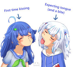 2girls absurdres ahoge blue_hair blush english_text gawr_gura gawr_gura_(1st_costume) hair_ornament hasn&#039;t_kissed_anyone_ever_vs_expecting_a_kiss_with_tongue_(meme) highres hololive hololive_english imminent_kiss indie_virtual_youtuber jatsuve07 long_hair meme multicolored_hair multiple_girls open_mouth puckered_lips sailor_collar senzawa shirt star_(symbol) star_hair_ornament tongue tongue_out virtual_youtuber waiting_for_kiss white_background x_hair_ornament yuri