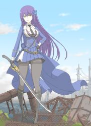 Rule 34 | 1girl, absurdres, arm at side, assault lily, black boots, black gloves, black necktie, black pantyhose, blue jacket, blue skirt, blue sky, boots, braid, breasts, bridge, broken, butterfly hair ornament, cloud, commentary, day, detached collar, earrings, full body, funada kiito, gloves, hair ornament, hand on own hip, highres, holding, holding sword, holding weapon, horizon, industrial pipe, jacket, jewelry, knee boots, light smile, long hair, long sleeves, looking at viewer, medium breasts, miniskirt, mole, mole under eye, necktie, ocean, outdoors, pantyhose, parted lips, partially fingerless gloves, pleated skirt, power lines, purple hair, ruins, side braid, single braid, skirt, sky, solo, standing, sword, thighband pantyhose, tsukimizake, utility pole, very long hair, waist cape, water, weapon