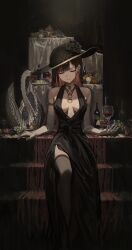 Rule 34 | 1girl, absurdres, alcohol, black dress, black flower, black hat, black rose, breasts, character request, cleavage, closed eyes, copyright request, cup, dress, drinking glass, elbow gloves, flower, gloves, halter dress, halterneck, hat, hat flower, hidulume, highres, jewelry, long hair, necklace, red wine, rose, sitting, solo, thighhighs, very long hair, wine, wine glass