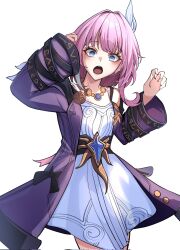 Rule 34 | 1girl, blue eyes, breasts, coat, commentary request, corrupted twitter file, cyrene (honkai: star rail), dress, hair ornament, highres, honkai: star rail, honkai (series), jewelry, kamishiro noa, looking at viewer, medium hair, necklace, open mouth, pink hair, pink pupils, purple coat, simple background, small breasts, solo, white background, white dress