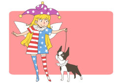 Rule 34 | 1girl, american flag dress, american flag legwear, black eyes, blonde hair, boston terrier, closed mouth, clownpiece, commentary request, dog, fairy wings, full body, hat, holding, holding leash, jester cap, leash, long hair, looking at animal, neck ruff, no shoes, onikobe rin, pink background, polka dot headwear, purple hat, simple background, smile, solo, standing, striped clothes, striped thighhighs, thighhighs, touhou, two-tone background, white background, white wings, wings