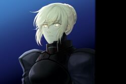 1girl armor artoria_pendragon_(fate) black_armor blonde_hair bun_with_braided_base commentary_request expressionless fate/stay_night fate_(series) gavial2021 hair_bun heaven&#039;s_feel korean_commentary light_frown saber_alter sidelocks single_hair_bun solo upper_body yellow_eyes
