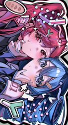 2girls alternate_hairstyle baguette black_shirt black_sleeves blue_eyes blue_hair blue_nails blush bread cursor detached_sleeves fingernails food hair_between_eyes hair_ornament hand_on_another&#039;s_chin hatsune_miku heart highres holding holding_own_hair kasane_teto kasane_teto_(utau) looking_at_viewer multiple_girls nikuta o3o portrait red_eyes red_hair red_nails red_tattoo shirt shoulder_tattoo sideways sleeveless sleeveless_shirt spring_onion stroking_another&#039;s_chin sweatdrop tattoo twintails utau vocaloid