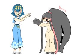 2girls animated animated_gif arms_up artist_name black_hair blue_footwear blue_hair blue_one-piece_swimsuit blue_pants blush bow capri_pants creatures_(company) dancing diives extra_mouth female_focus full_body furry furry_female game_freak gen_3_pokemon hair_ornament happy headband lana_(pokemon) lowres mawile multiple_girls nintendo one-piece_swimsuit open_mouth pants pink_bow pokemon pokemon_(creature) pokemon_rse pokemon_sm sandals shirt short_hair signature simple_background sleeveless sleeveless_shirt smile standing swimsuit swimsuit_under_clothes teeth text_focus white_background white_shirt