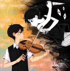 Rule 34 | 2boys, antenna hair, artist name, black eyes, black hair, black sweater vest, black tank top, bright pupils, closed mouth, collarbone, collared shirt, colored skin, dual persona, highres, holding, holding instrument, holding violin, instrument, krerue, looking at another, male focus, multiple boys, omori, omori (omori), shirt, short hair, short sleeves, shorts, something (omori), striped clothes, striped shorts, sunny (omori), sweater vest, tank top, vertical-striped clothes, vertical-striped shorts, violin, white pupils, white shirt, white shorts, white skin