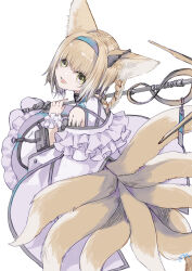 Rule 34 | 1girl, absurdres, animal ears, arknights, braid, fox ears, fox tail, green eyes, hairband, highres, looking at viewer, maki-no, material growth, multiple tails, oripathy lesion (arknights), solo, suzuran (arknights), tail, white background