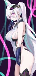 Rule 34 | 1girl, absurdres, aqua hair, azur lane, bare shoulders, black background, blue gloves, breasts, cable, commentary, covered navel, from side, gloves, hair between eyes, halterneck, hand on own crotch, hand up, head tilt, headgear, highres, iridescent, kearsarge (azur lane), large breasts, leotard, long hair, long hair between eyes, looking at viewer, mechanical gloves, mr.blackcat666, multicolored hair, open mouth, pink eyes, ponytail, sideboob, sideless outfit, sidelocks, sideways glance, solo, standing, thigh strap, thighs, very long hair, white hair, white leotard