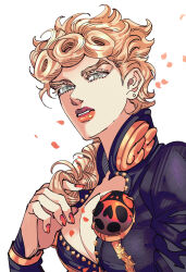 1girl absurdres blonde_hair braid braided_ponytail breasts cleavage commentary danggo99 earrings genderswap genderswap_(mtf) giorno_giovanna green_eyes hair_over_one_eye hand_in_own_hair highres jewelry jojo_no_kimyou_na_bouken korean_commentary ladybug_ornament large_breasts parted_lips petals red_lips red_nails single_braid solo stud_earrings upper_body vento_aureo