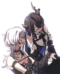2girls anco_(platanity) arm_strap asymmetrical_horns black_arm_warmers black_choker black_dress black_hair black_horns black_nails black_sleeves breasts choker cleavage closed_eyes colored_inner_hair dress dress_shirt highres hololive hololive_english horns large_breasts long_hair multicolored_hair multiple_girls nerissa_ravencroft nerissa_ravencroft_(1st_costume) open_mouth shiori_novella shiori_novella_(1st_costume) shirt simple_background two-tone_hair virtual_youtuber white_background white_hair white_shirt