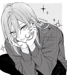 1boy androgynous bishounen blue_lock chigiri_hyoma closed_mouth greyscale hair_between_eyes hands_on_own_chin highres long_hair long_sleeves looking_at_viewer male_focus monochrome simple_background solo twitter_username violet_tgr