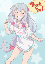 1girl blush bow clothes_writing collarbone commentary_request eromanga_sensei closed_eyes grin hair_bow highres izumi_sagiri long_hair looking_at_viewer low-tied_long_hair misashi_(raichi821) off_shoulder open_mouth pink_bow shirt silver_hair simple_background smile solo speech_bubble striped t-shirt teeth v very_long_hair white_shirt