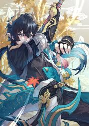 Rule 34 | 1boy, artist request, belt, black belt, black hair, black pants, black shirt, blue coat, blue hair, chinese clothes, cloud, coat, covered mouth, cowboy shot, dan heng (honkai: star rail), dan heng (permansor terrae) (honkai: star rail), dragon boy, dragon horns, dragon tail, eyeliner, fingernails, floating hair, gauntlets, gradient hair, green eyes, grey background, hair between eyes, hair ornament, hands up, highres, holding, holding polearm, holding weapon, honkai: star rail, honkai (series), horns, leaf, long hair, long sleeves, looking at viewer, low ponytail, makeup, male focus, maple leaf, mountain, multicolored hair, official alternate costume, official alternate hairstyle, pants, polearm, ponytail, red eyeliner, shirt, solo, spear, tail, tassel, two-sided coat, two-sided fabric, v-shaped eyebrows, weapon, white coat