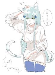 1girl animal_ears blue_hair cat_ears cat_tail commentary_request confused denim female_focus girls&#039;_frontline green_eyes highres hk416_(girls&#039;_frontline) jeans pants shinoe_nun solo speech_bubble sweater tail translation_request white_background