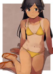 1girl alternate_costume artistic_error bad_feet banned_artist bikini black_eyes black_hair breasts commentary headgear i-400_(kancolle) kantai_collection long_hair looking_at_viewer makio_(makiomeigenbot) orange_sandals sandals shadow signature simple_background sitting small_breasts smile solo swimsuit symbol-only_commentary tan tanline yellow_bikini