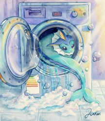 absurdres bubble curled_up gen_1_pokemon highres hinkari_art indoors nintendo no_humans pokemon pokemon_(creature) seven-segment_display soap_bubbles vaporeon washing_machine water