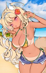 1girl ark_evil02 beach bikini bikini_top_only brazilian_miku_(cosplay) fuwawa_abyssgard highres swimsuit tan tanline