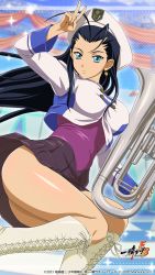 1girl antenna_hair black_hair black_skirt blue_eyes blurry blurry_background boots copyright_name earrings floating_hair hat highres holding holding_instrument ikkitousen instrument jacket jewelry kakouen_myousai knee_boots long_hair long_sleeves looking_at_viewer magatama magatama_earrings miniskirt official_art pleated_skirt purple_shirt shiny_skin shirt skirt solo white_boots white_hat white_jacket
