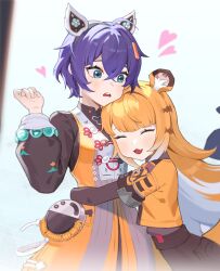 2girls ^_^ absurdres animal_ear_fluff animal_ears belle_(zenless_zone_zero) blonde_hair blue_hair blush cat_ears closed_eyes fake_animal_ears fang green_eyes high-waist_shorts highres hijuk hug jacket ju_fufu multiple_girls official_alternate_costume orange_fur orange_jacket short_hair shorts smile striped_hair tail tiger_ears tiger_girl tiger_tail upper_body zenless_zone_zero