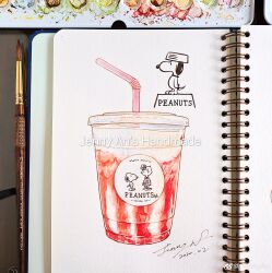 absurdres art_tools_in_frame chinese_commentary commentary_request copyright_name cup dated disposable_cup dog drinking_straw food_focus highres jennyan logo no_humans painting_(medium) peanuts_(comic) photo_(medium) sally_brown signature snoopy soda traditional_media watercolor_(medium) watermark weibo_watermark