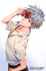1boy black_pants closed_mouth collarbone from_above gearous gradient_background grey_hair hair_between_eyes hand_in_pocket highres holding holding_leaf korean_commentary leaf looking_at_viewer male_focus maple_leaf nagisa_kaworu neon_genesis_evangelion pants red_eyes shirt short_hair short_sleeves simple_background smile solo white_background white_shirt