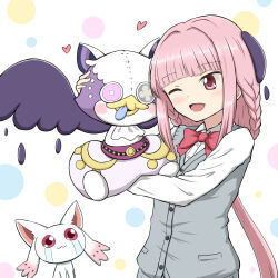 1girl :3 blunt_bangs bow bowtie braid buttons collared_shirt creature crying crying_with_eyes_open dot_nose dress_shirt gilcrows grey_vest hair_intakes heart highres holding holding_creature light_blush long_hair long_sleeves low_ponytail magia_record:_mahou_shoujo_madoka_magica_gaiden mahou_shoujo_madoka_magica mahou_shoujo_madoka_magica_magia_exedra nighthawk_(madoka_magica) one_eye_closed open_mouth pink_eyes pink_hair pocket polka_dot polka_dot_background ponytail red_bow red_bowtie school_uniform shirt side_braids sidelocks small_kyubey smile streaming_tears sweater_vest takarazaki_school_uniform tamaki_iroha tears twin_braids upper_body very_long_hair vest white_background white_shirt