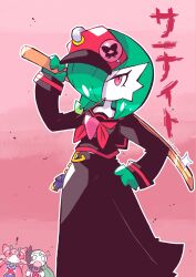 ! absurdres artist_name banchoramen black_serafuku black_skirt bob_cut colored_skin delinquent flying_sweatdrops game_freak gardevoir gen_3_pokemon gen_5_pokemon gen_7_pokemon green_hair green_skin hair_over_one_eye hand_on_own_hip highres holding holding_sword holding_weapon legendary_pokemon long_skirt looking_at_viewer lurantis meloetta multicolored_skin mythical_pokemon neckerchief nintendo pink_background pink_eyes pokemon pokemon_(creature) red_neckerchief school_uniform serafuku skirt sparkle sukeban sword two-tone_skin weapon white_skin wooden_sword