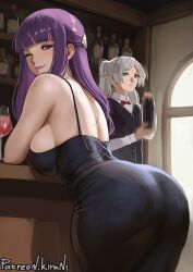 Rule 34 | 2girls, absurdres, ass, bar (place), bartender, black dress, black vest, bow, bowtie, breasts, cocktail shaker, cup, dress, drinking glass, elf, fern (sousou no frieren), frieren, from behind, green eyes, highres, kirani, large breasts, leaning forward, looking back, motion blur, multiple girls, one eye closed, pointy ears, purple eyes, purple hair, red bow, red bowtie, sideboob, sousou no frieren, twintails, vest, white hair, wine glass