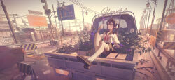 1girl absurdres black_shoes car chain-link_fence commentary_request error7401 fence flower highres holding holding_flower kei_truck lamppost long_hair looking_at_flowers motor_vehicle neckerchief on_car original outdoors purple_flower red_neckerchief road road_sign school_uniform serafuku shirt shoes sign sitting solo traffic_cone truck twintails utility_pole white_flower white_shirt