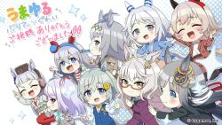 alternate_costume animal_ears belt biwa_hayahide_(umamusume) blue_eyes blush casual chrono_genesis_(umamusume) closed_eyes closed_mouth commentary_request curren_chan_(umamusume) fang glasses gold_ship_(umamusume) grey_eyes grey_hair hairband hishi_miracle_(umamusume) horse_ears horse_girl horse_tail jewelry mejiro_mcqueen_(umamusume) necklace official_art oguri_cap_(umamusume) purple_eyes seiun_sky_(umamusume) tail tamamo_cross_(umamusume) translation_request umamusume umayuru