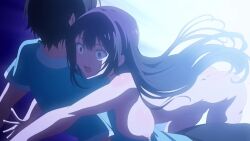 1boy 1girl ahoge animated anime_screenshot ass backboob black_hair blue_shirt breast_press breasts butt_crack completely_nude haite_kudasai_takamine-san haitekudasai_takamine-san highres huge_ass large_breasts long_hair nipples nude open_mouth pants purple_hair red_eyes shirota_takashi shirt sidelocks sound tagme takamine_takane thighs video
