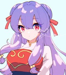 1girl absurdres bell bowl breasts chinese_clothes double_bun dress food hair_bell hair_bun hair_ornament highres long_hair looking_at_viewer noodles purple_hair ramen ranma_1/2 red_dress red_eyes red_shoes shampoo_(ranma_1/2) shoes sidelocks solo